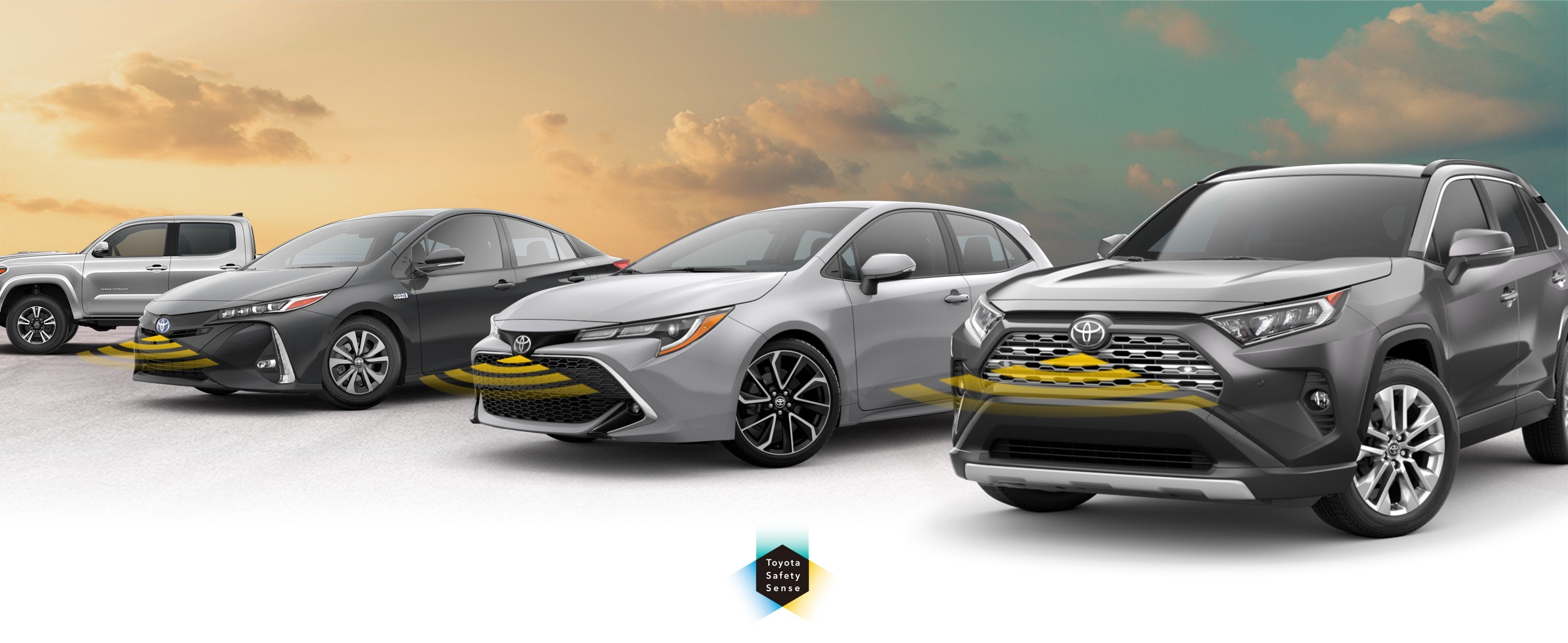 Toyota Safety Sense: Designed for Safety. Options shown on Toyota models including RAV4, Tacoma, and Camry, available now at Sansone Toyota in Woodbridge NJ.